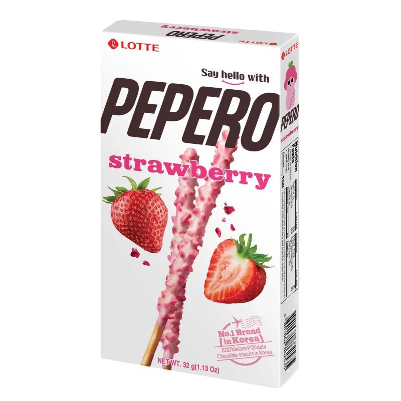 Pepero Strawberry Biscuits 32g package, showing crunchy biscuit sticks coated with strawberry-flavored chocolate, brand logo visible.