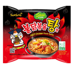 Spicy Samyang Hot Chicken Stew in a bowl, featuring vibrant red chili sauce, chicken pieces, and vegetables, on a grocery product label.