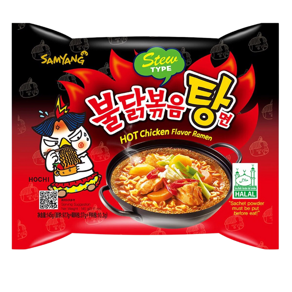 Spicy Samyang Hot Chicken Stew in a bowl, featuring vibrant red chili sauce, chicken pieces, and vegetables, on a grocery product label.