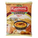 Rajdhani soybean flour in a grocery package, showing a close-up of the yellowish powdered soybean product.