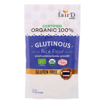 Fair D Organic Glutinous Rice Flour in a clear bag, showcasing fine white gluten-free rice flour for healthy baking and cooking.