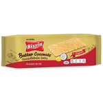 Bissin Butter Coconut confectionery snack in colorful packaging, featuring coconut and butter flavor elements.