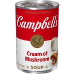 Cans of Campbell's Cream of Mushroom Soup, a versatile grocery item with creamy mushroom soup in a classic Campbell's can