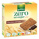 Gullon No Sugar Added Chocolate and Soya confectionery snack with chocolate coating and soy filling in a colorful package.