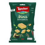 Loacker Matcha Green Tea Mini Wafer showing layered green tea-flavored wafers with creamy filling, in a close-up view.