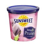 Sunsweet Seedless Prunes, a pack of natural confectionery snacks with glossy, dark, seedless plums ready to eat.