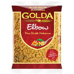 Golda Golda Elbow Rigate grocery item with textured gold-colored surface and detailed design.