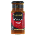 Jar of Sharwood's Madras Sauce with label showing spicy Indian curry sauce in a glass jar.