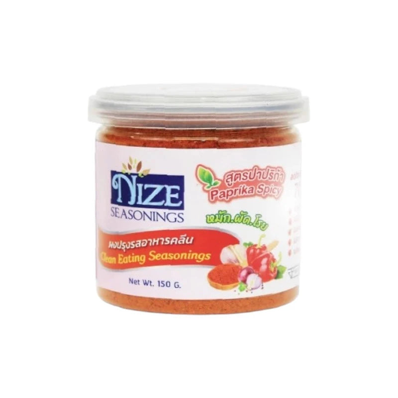 NIZE Keto seasoning powder with paprika flavor, no MSG or sugar, in a clear jar with a black lid, ready for cooking or garnishing.