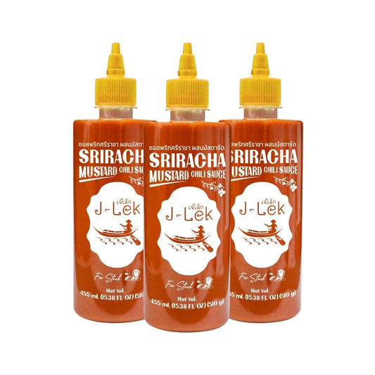 Three 510g bottles of J-LEK Sri Racha Chili Sauce with Mustard, showcasing the colorful sauce bottles with labels.