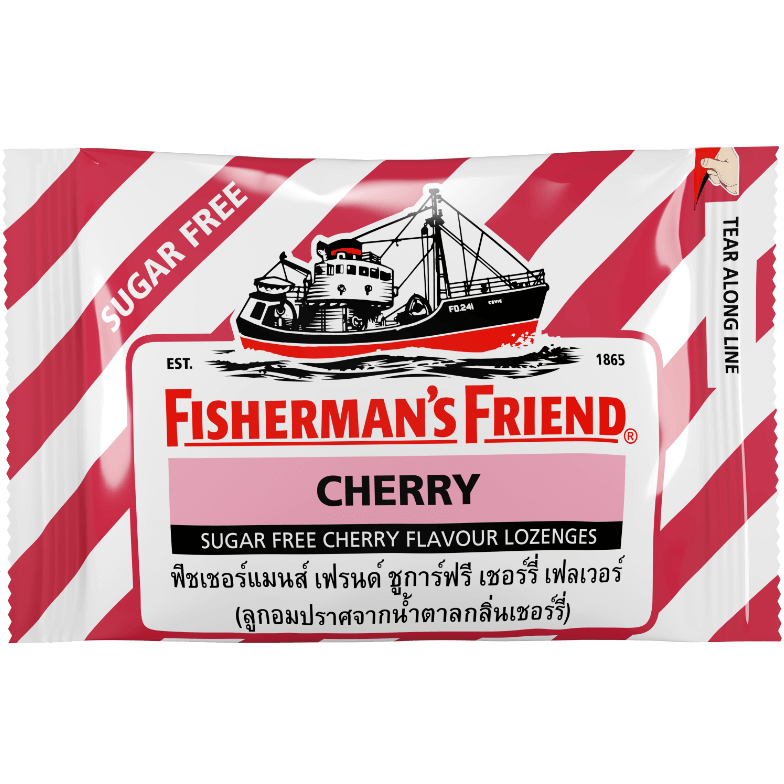 Fisherman's Friend Cherry healthy confectionery snack featuring cherry-flavored lozenges in a clear wrapper.