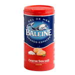 Coarse sea salt from La Baleine for cooking and seasoning, shown in a close-up image.