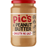 Smooth Pics Peanut Butter with no salt in a jar, showcasing creamy texture and natural peanut color.