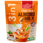 Ranong Thai Tea Almond Milk drink in a clear glass, showcasing a creamy, light brown beverage with a smooth texture and almond flavor.