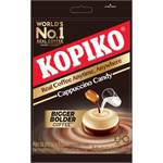 Kopiko Cappuccino confectionery snack in packaging with coffee-flavored candies and branding on the wrapper.