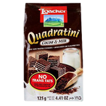 Loacker Quadratini Cocoa Milk wafer cookies in a clear container, showcasing the bite-sized chocolate and milk-flavored wafer snacks.