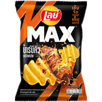 Lay's Max Xc BBQ flavored confectionery snacks in colorful packaging, showcasing the snack's vibrant appearance and branding.