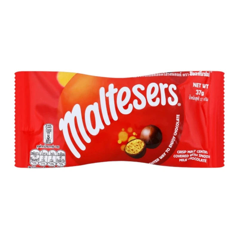 Maltesers chocolate malt-flavored snack in a 37g bag, with round malt balls covered in smooth milk chocolate.