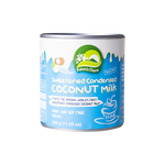 Cans of Nature's Charm sweetened condensed coconut milk, healthy coconut milk product with a creamy texture and natural ingredients.