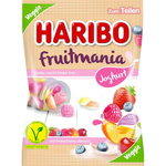 Colorful Haribo Fruitmania Joghurt Gummy candies in a bowl, showcasing vibrant fruit flavors and creamy yogurt coating.