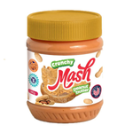 Crunchy Mash Peanut Butter jar with a spoon showing textured peanut bits, ideal for spreading or snacking.