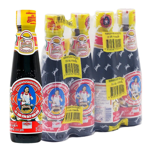 Bottle of MAEKRUA Oyster Sauce 150 ml, showcasing the dark, savory sauce in a clear glass bottle with a white cap.