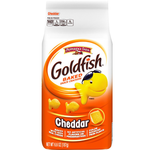 Pepperidge Farm Goldfish Gold Cheddar snack crackers in a bowl, showing their orange color and fish shape.