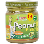 Creamy unsweetened peanut butter jar from Happy Mate, showing the label and smooth texture in a grocery product image.