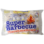 Super Barbecue Marshmallows, confectionery snacks, fluffy white marshmallows in a clear bag with a colorful label and branding.