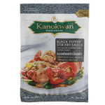 Kanokwan Black Pepper Stir Fry Sauce in a bottle, ready for cooking, with a dark sauce and label visible.