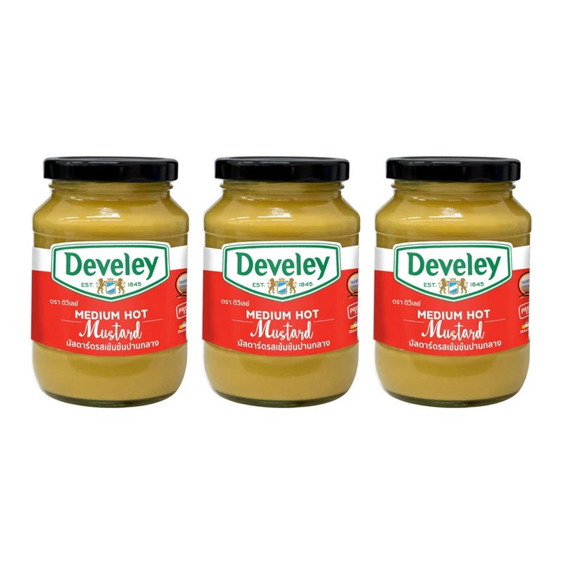 Three bottles of DEVELEY Medium Hot Mustard in 350g packs, showing the mustard bottles with yellow labels and caps.