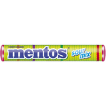 Colorful Mentos Sour Mix chewy candies in bright packaging, showcasing a variety of fruit-flavored confectionery snacks.