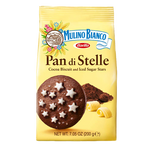 Barilla Mulino Bianco Pan Di Stelle cocoa biscuits with iced sugar topping, a sweet confectionery snack.