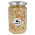 Organic Alce Nero boiled cannellini beans in a bowl, ready to serve, showcasing the white beans used in various dishes.