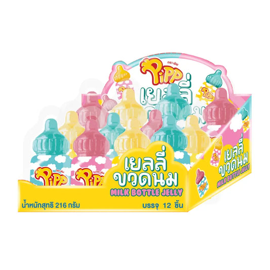 PIPP Milk Bottle Shape Strawberry Flavor Gelatin Jelly 18g, 12 pieces, colorful and fun snack with milk bottle design and strawberry flavor