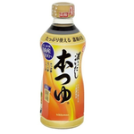 Bottle of Kikkoman Hon Tsuyu Japanese condiment with soy sauce, mirin, and dashi, used for soups, broths, and dipping sauces.