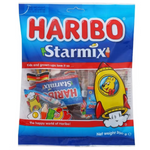Assorted Haribo Starmix confectionery snacks with gummy bears, fish, and star-shaped candies in bright colors.