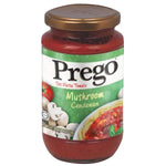 Jar of Prego Tomato Pasta Mushroom sauce with visible label and lid, ideal for pasta dishes.
