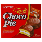 Lotte Choco Pie confectionery snack with chocolate coating and marshmallow filling, displayed on a plate.