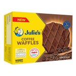 Julie's Coffee Waffles 100g, dry grocery snack with crispy waffle pieces and coffee flavor in a sealed package