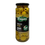 Fragata pitted olives in a 335g jar, ready for cooking or snacking, shown in a clear glass jar with olives inside.