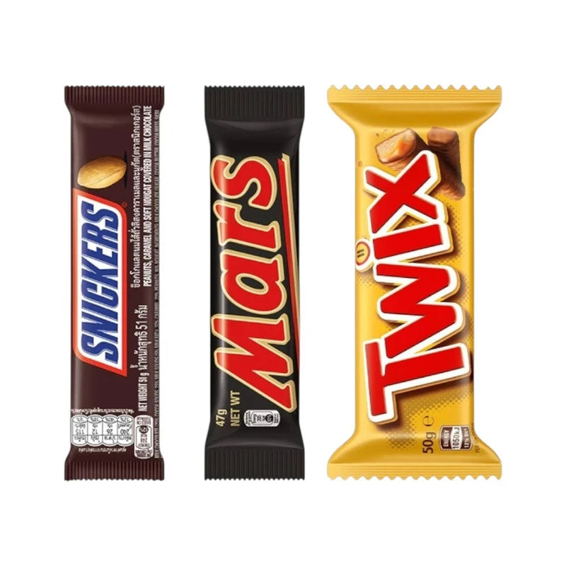 Assorted chocolate candy bars including Twix Twin 50g, Mars 47g, and Snickers 51g in a value pack, displayed on a white background.