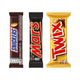 Assorted chocolate candy bars including Twix Twin 50g, Mars 47g, and Snickers 51g in a value pack, displayed on a white background.