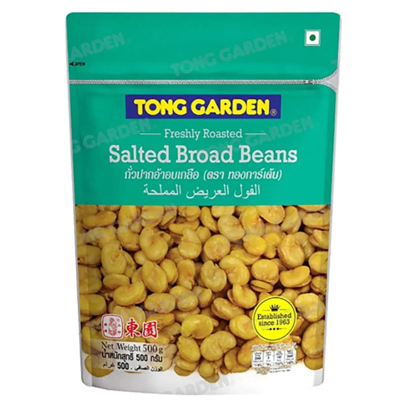TONG GARDEN Salted Broad Beans in a 500g package, showing the beans in a clear plastic bag with salty seasoning visible inside.