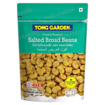 Tong Garden salted broad beans in a 500g package, dry grocery snack with salted, crunchy beans in a clear bag.