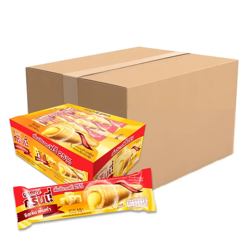 Grinny cheddar cheese-coated snack filled with cheddar cheese cream, in a 15g box, 12 pieces per pack.