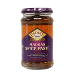 Jar of Patak's Madras Spice Paste with label visible, used for Indian cooking and flavorful curry dishes.