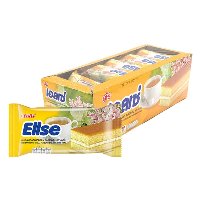 ELLSE Vanilla Layer Cake 15g packages stacked, showcasing the individually wrapped vanilla-flavored cake slices.