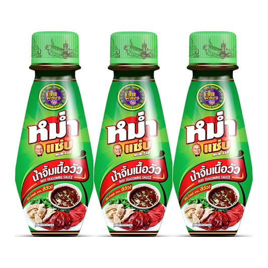 MUM ZAB Beef Seasoning Sauce 100ml bottles, six-pack, with rich, savory beef flavor in clear glass bottles.