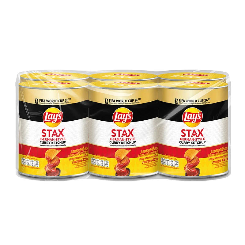 Lay's Stax potato chips in German Curry Ketchup flavor, 42g pack, stacked with colorful packaging and crispy chips visible.